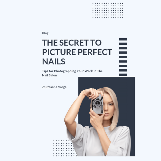 The secret to picture perfect nails: tips for photographing your work in the nail salon. Blond woman standing with a camera in her hand, wearing a white oversized t shirt.